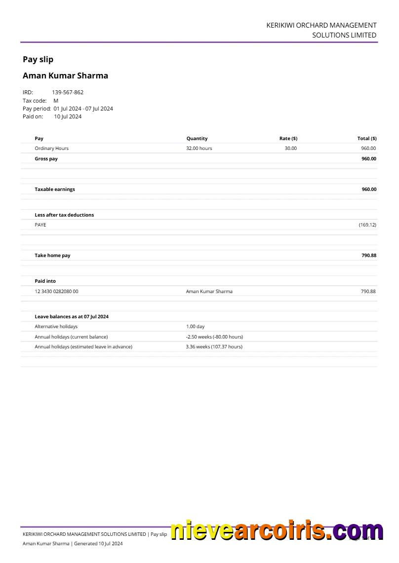 Kerikiwi Orchard Management Solutions payslip